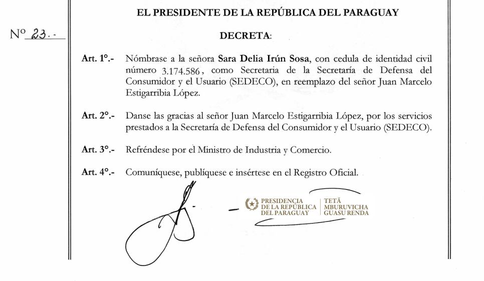 El presidente de la República Santiago Peña emitió un decreto a través del cual reemplaza al actual titular de la Sedeco. Foto: Gentileza