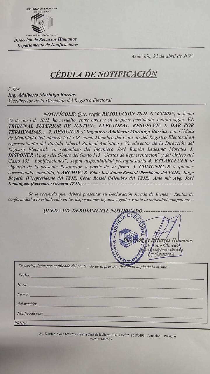 Resolución emitida por el TSJE sobre la designación de Adalberto Morínigo como nuevo vicedirector del Registro Electoral en representación del PLRA. Foto: Gentileza 