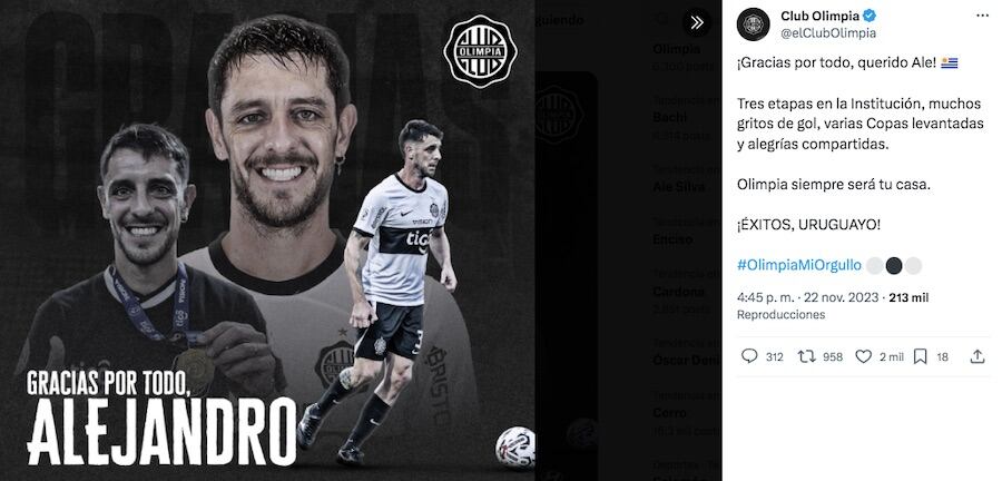 La despedida de Olimpia a Alejandro Silva a través de sus redes sociales. También lo hizo con Tito Torres y
Sergio Otálvaro.FOTO: CAPTURA