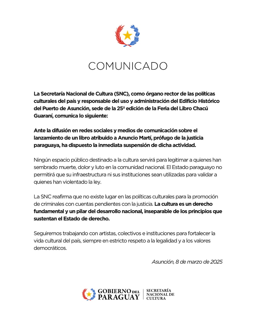 Comunicado emitido por la Secretaría Nacional de Cultura. Foto: Gentileza