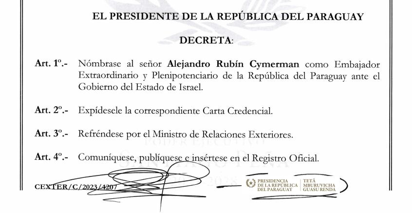 Se oficializó la designación de Alejandro Rubin como embajador de Paraguay en Israel. Foto: Gentileza