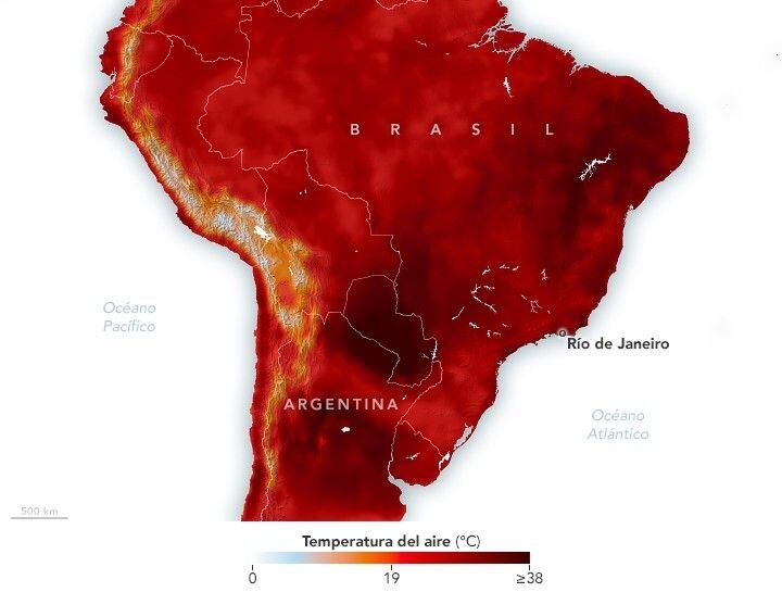 Durante el mes anterior se registraron temperaturas récord en algunas partes de Brasil y calor excepcional en Argentina. Foto: NASA