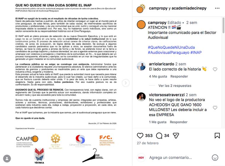 Captura del comunicado difundido por la CAMPRO.