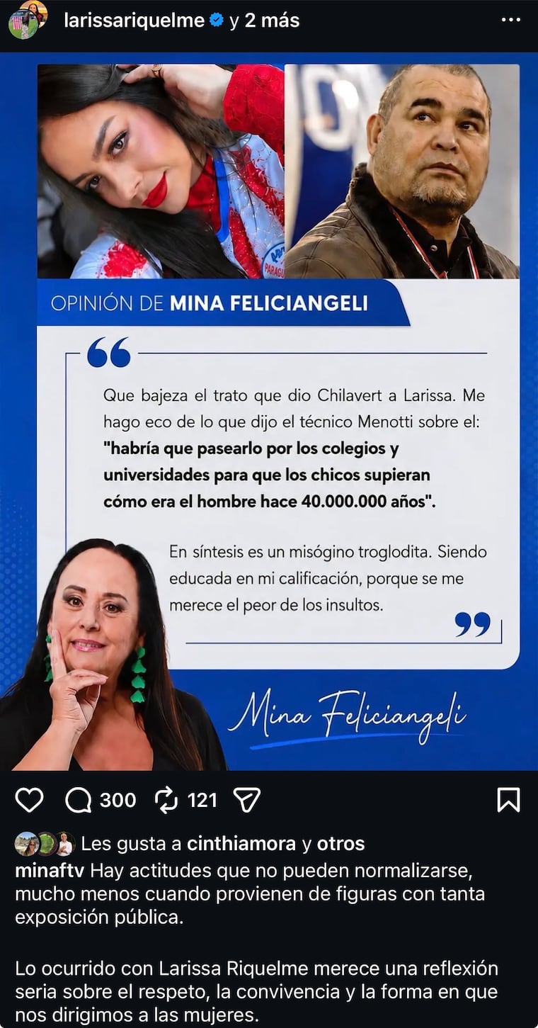 Mina Feliciángeli apoya a Larissa Riquelme, tras sugerente comentario de José Luis Chilavert.