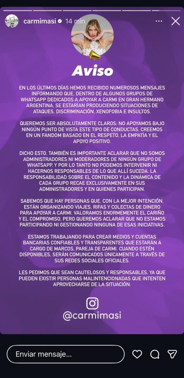 Comunicado de Carmiña Masi sobre fandom de Gran Hermano.