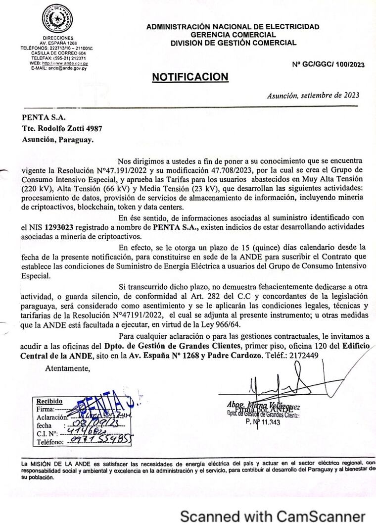Notificación remitida por la Ande a la empresa Penta SA por fuertes indicios de que en el sitio se estaban desarrollando actividades asociadas a la minería de criptoactivos.