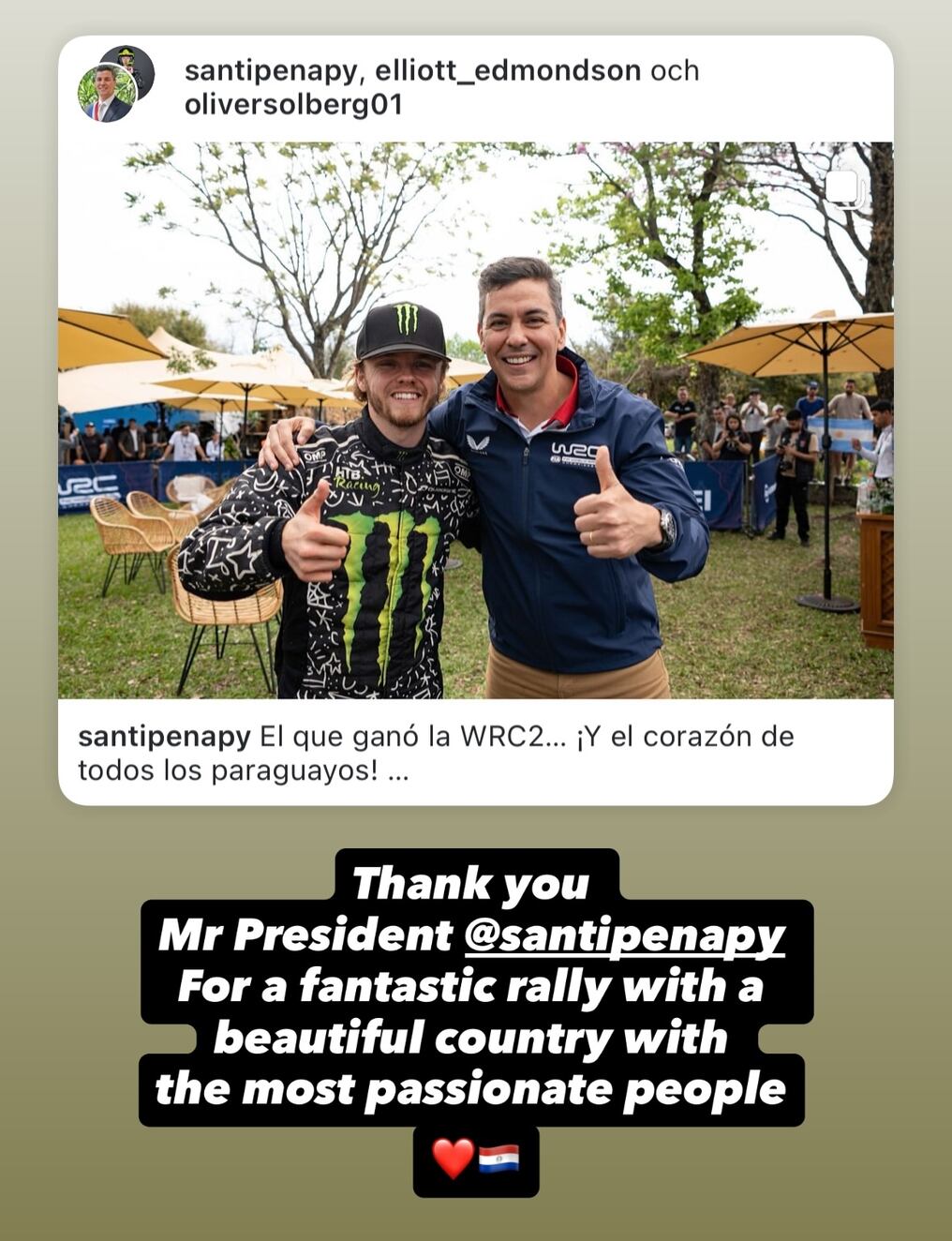 Mensaje de Oliver en respuesta al presidente paraguayo en las historias de IG. Foto: Gentileza