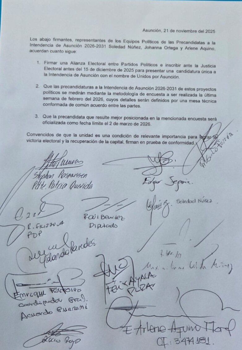 Acuerdo firmado por la exministra Soledad Núñez, la diputada Johanna Ortega y la escribana Arlene Aquino. Foto: Gentileza 