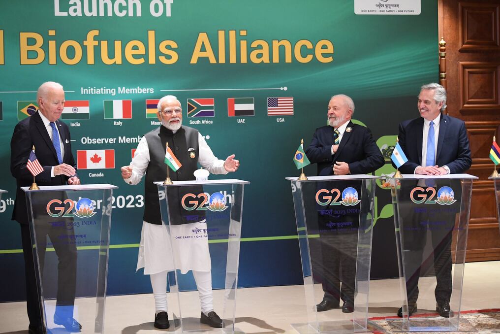 El presidente brasileño en el G20 de India, con Joe Biden (Estados Unidos), el primer ministro indio Narendra Modi y Alberto Fernández (Argentina). Foto: @alferdez