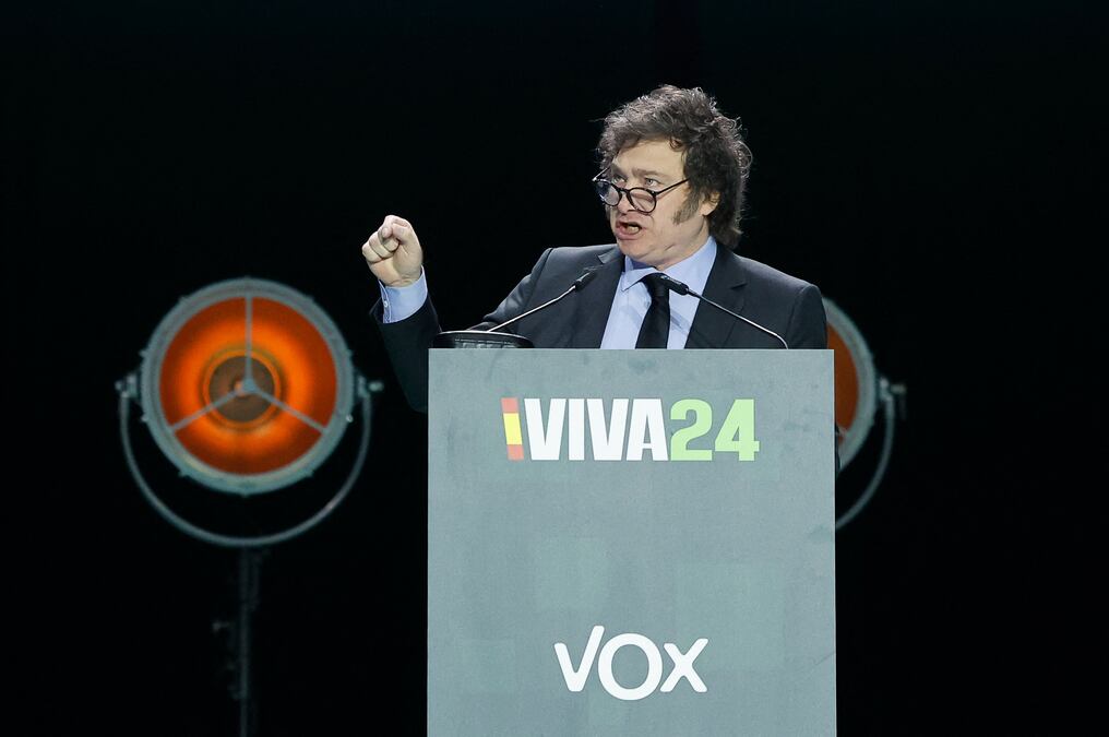 Milei durante la manifestación "Europa Viva 24" del partido español de extrema derecha Vox en Madrid, el 19 de mayo de 2024. Foto: AFP