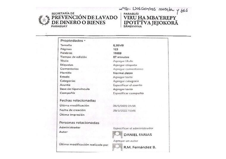 El documento secreto elaborado por Daniel Farías y René Fernández fue descubierto gracias a la colaboración de la actual ministra de la Seprelad, Liliana Alcaraz (Crédito: Acta de imputación)