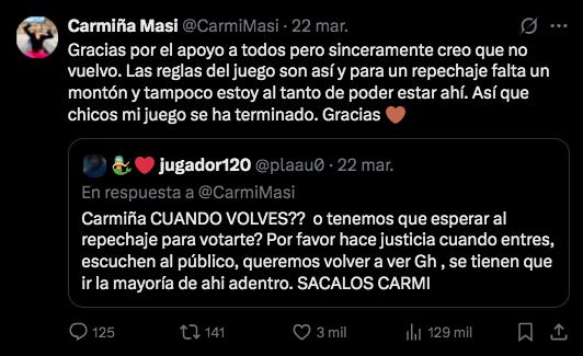 Captura de un tweet de Carmiña Masi, negando regreso a Gran Hermano: Generación Dorada.