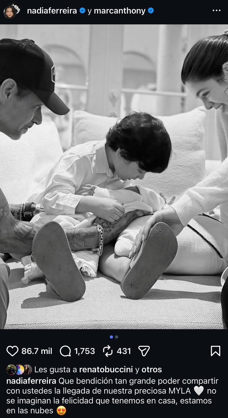 Nadia Ferreira y Marc Anthony mostraron la primera foto de su hija, Myla.