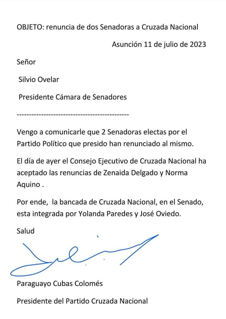 Documento remitido por Paraguayo "Payo" Cubas al presidente del Congreso Nacional, Silvio "Beto" Ovelar