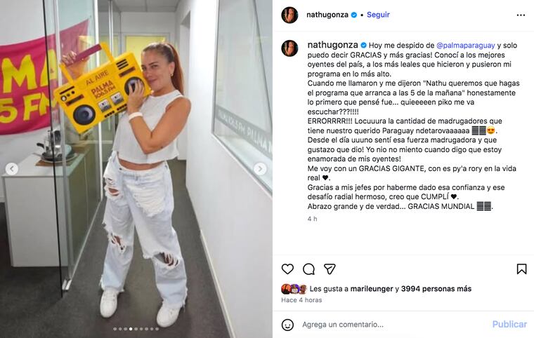 Captura del post de Nathu González, despidiéndose de Palma FM.