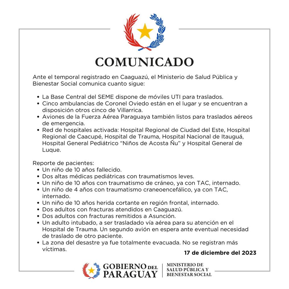 Comunicado emitido por el Ministerio de Salud, detallando su protocolo de atención en la zona. Foto: Gentileza