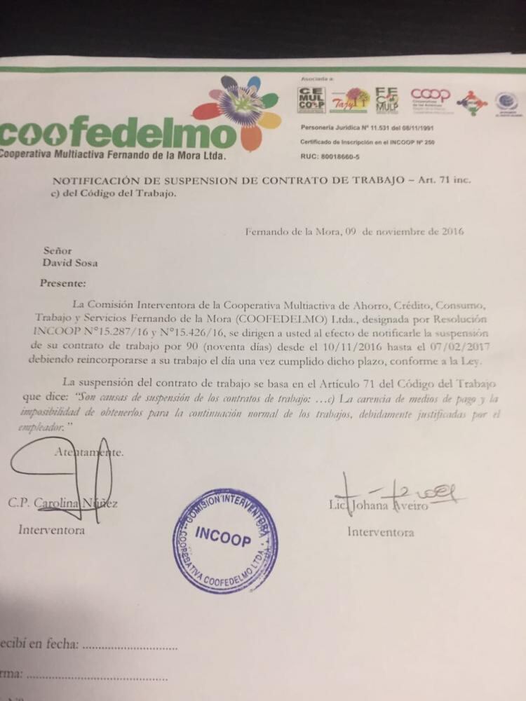 Notificación remitida a los funcionarios. Foto: Gentileza.[/caption]