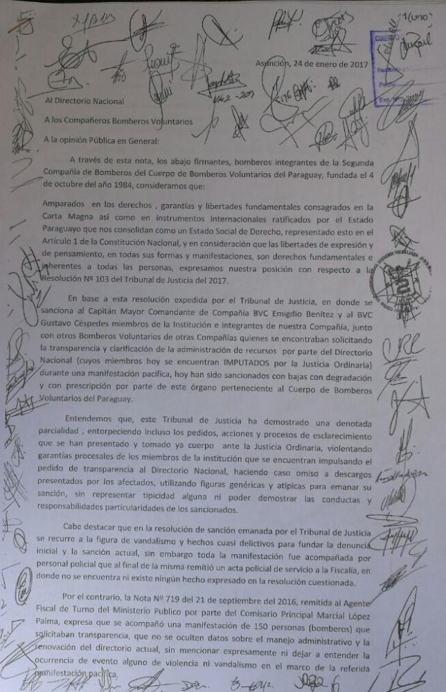 La nota presentada hoy por los bomberos de la Segunda Compañía. 