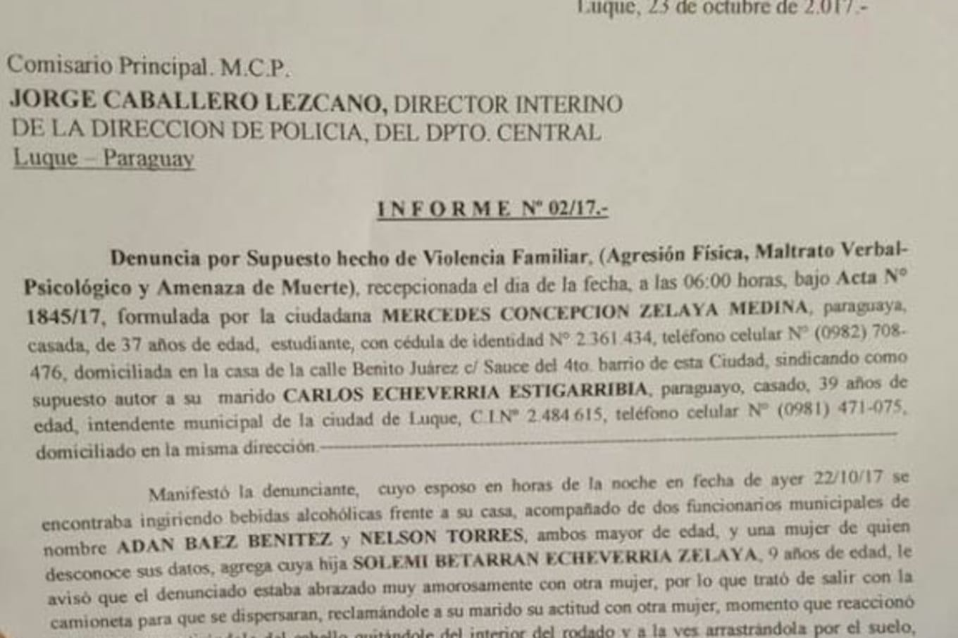 Acta de denuncia contra intendente de Luque. Foto Gentileza.