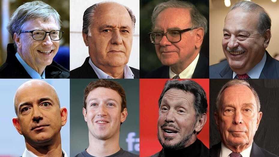 Gates (Microsoft); Ortega (Inditex); Buffet (Hathaway); Slim (Grupo Carso); Bezos (Amazon); Zuckerberg (Facebook) Ellison (Oracle), y Bloomberg.