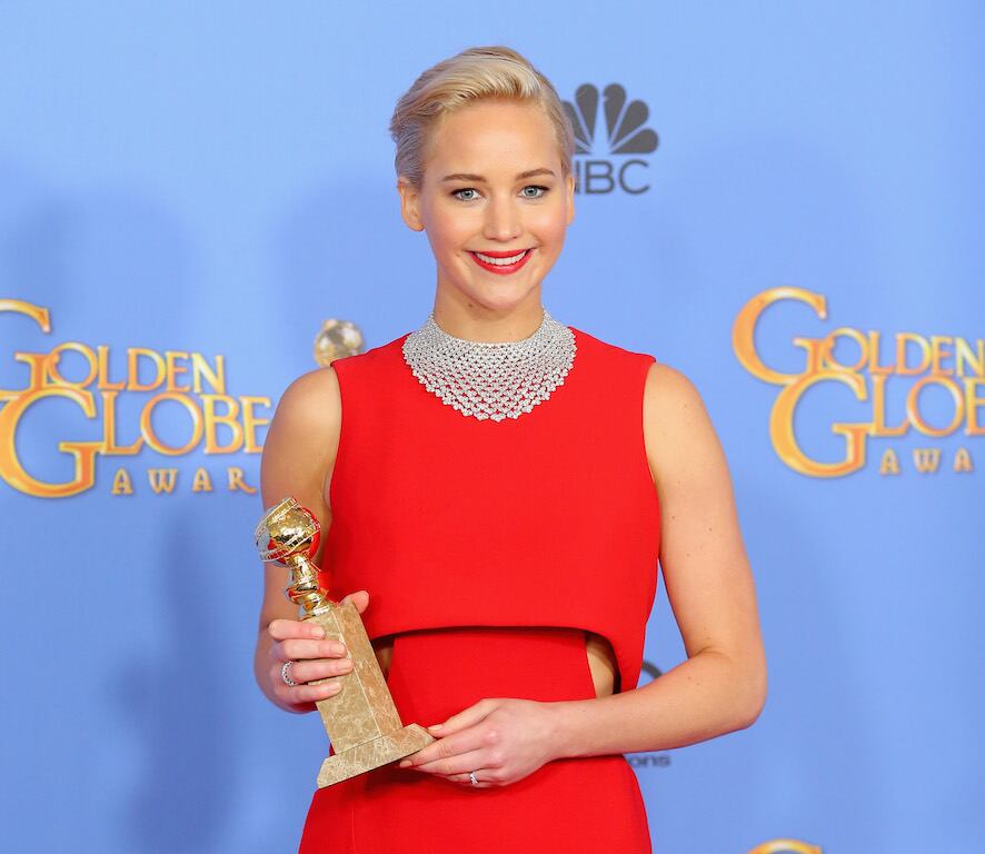 BEVERLY HILLS, CA - JANUARY 10: Actress Jennifer Lawrence, winner of Best Performance by an Actress in a Motion Picture - Musical or Comedy for "Joy," poses in the press room during the 73rd Annual Golden Globe Awards held at the Beverly Hilton Hotel on January 10, 2016 in Beverly Hills, California.   Mark Davis/Getty Images/AFP