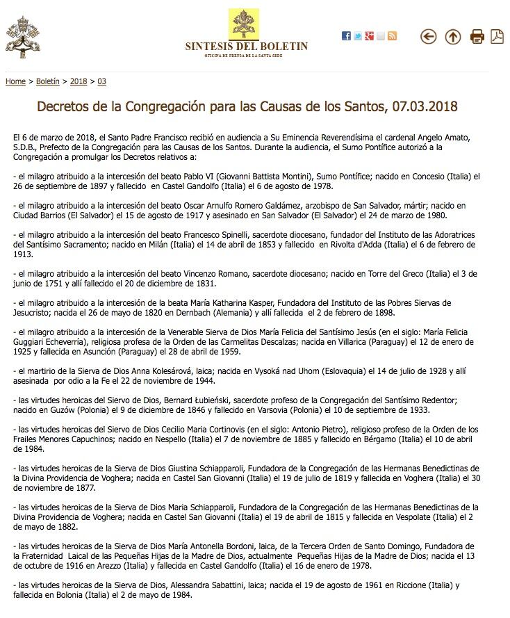 Este es el material informativo emitido por la Santa Sede, donde se especifica la autorización dada por el Papa Francisco para beatificar en Paraguay a Chiquitunga. Foto: Gentileza.