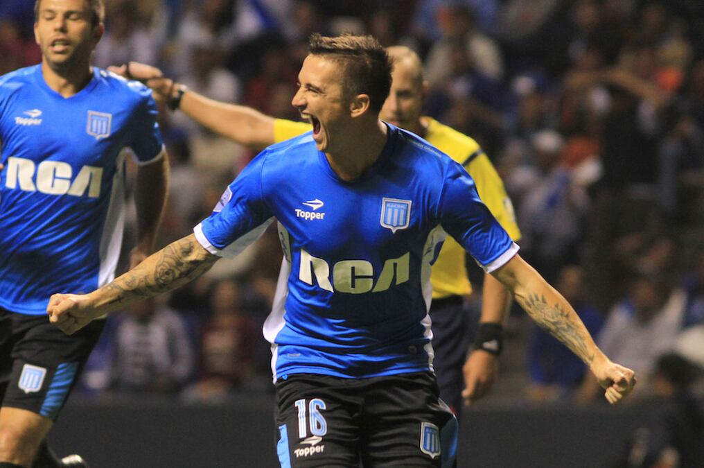 Argentina¥s Racing Ricardo Noir celebrates his goal against Mexico¥s Puebla during the Copa Libertadores 2016 football match at Cuauhtemoc stadium on February 3, 2016, in Puebla, Mexico.  / AFP / MARIA CALLS