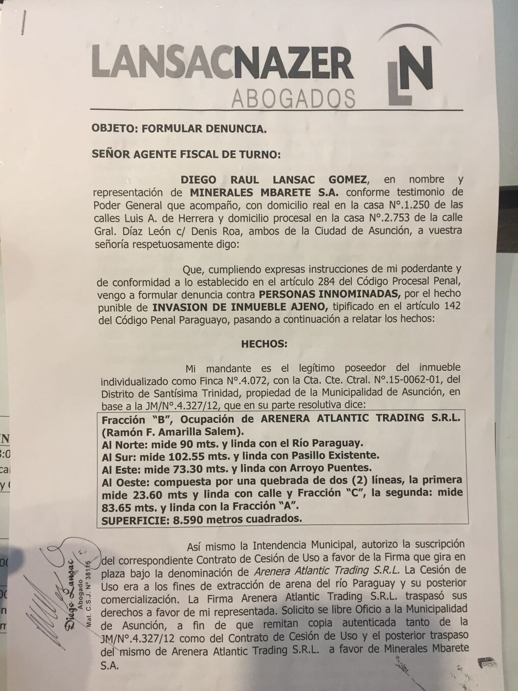 Parte del oficio remitido a la Fiscalía.