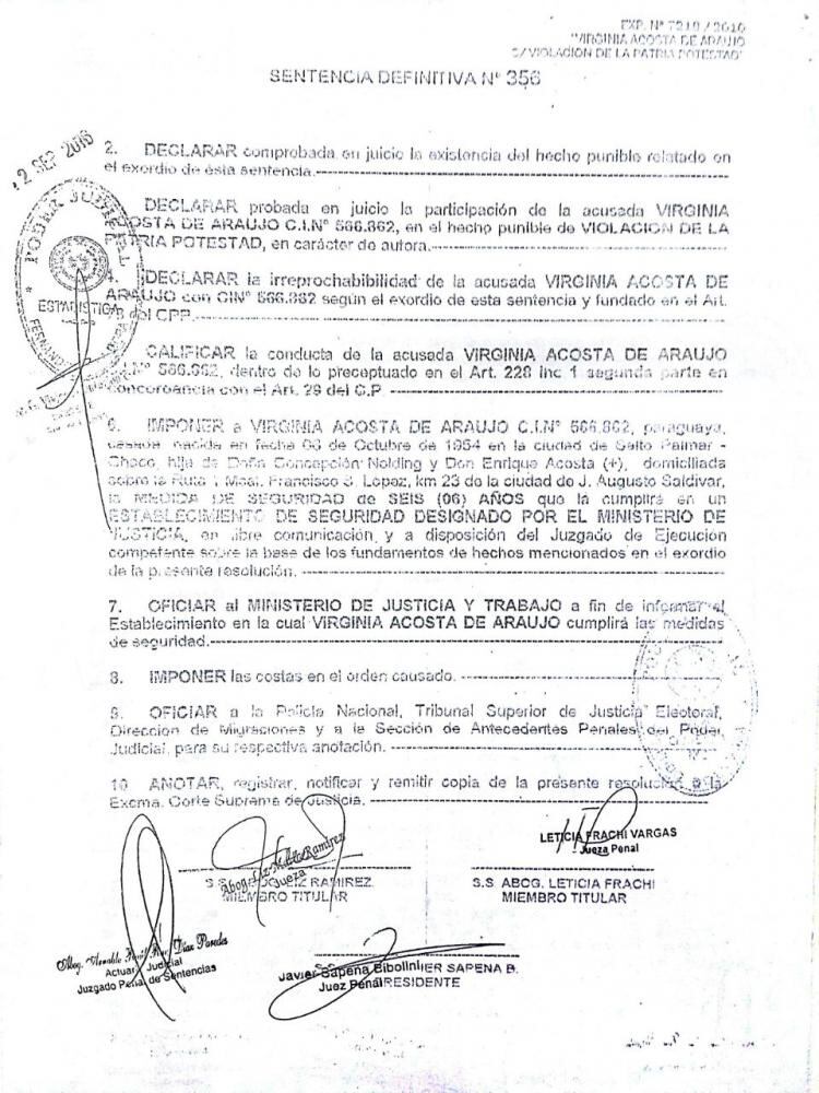 Facsímil de la Sentencia Definitiva a Virginia Acosta por violación de la Patria Potestad.[/caption]