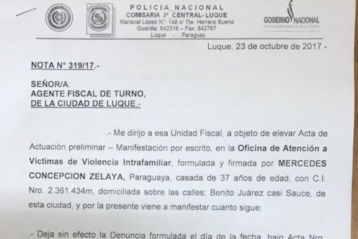 Nota que deja sin efecto la denuncia inicial