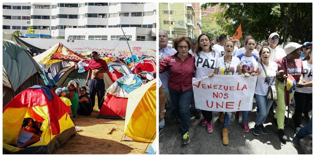 Los adherentes de Maduro acampan en la Isla Margarita. Los opositores toman las calles de Caracas. Fotos: AFP. 