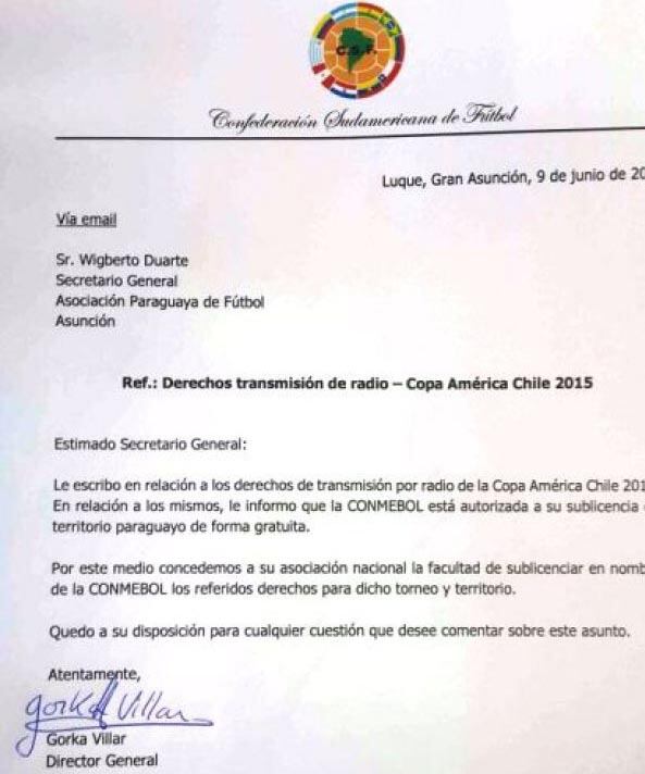 Faximil del dictamen enviado por la Conmebol.