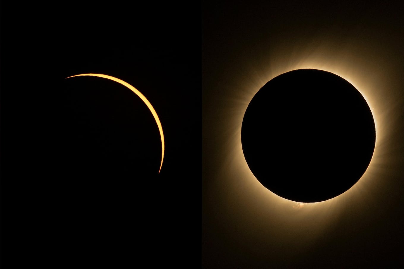 (COMBO) This combination of pictures created on July 02, 2019 shows different stages of the solar eclipse as seen from the La Silla European Southern Observatory (ESO) in La Higuera, Coquimbo Region, Chile. - Tens of thousands of tourists braced Tuesday for a rare total solar eclipse that was expected to turn day into night along a large swath of Latin America's southern cone, including much of Chile and Argentina. (Photos by MARTIN BERNETTI / AFP)