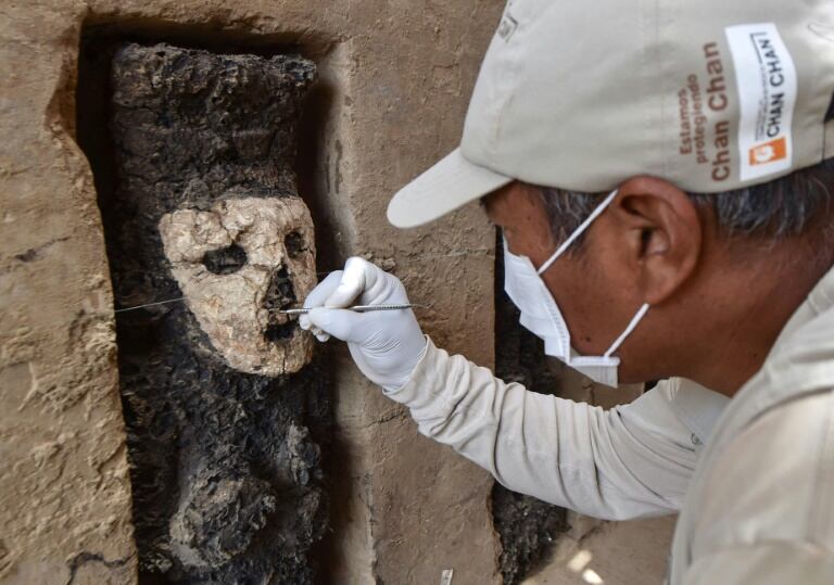 Las estatuas, de 70 centímetros de altura, están alineadas en espacios por donde pasaba la élite hacia un corredor de ingreso de 33,13 metros de longitud, decorado con redes. afp.