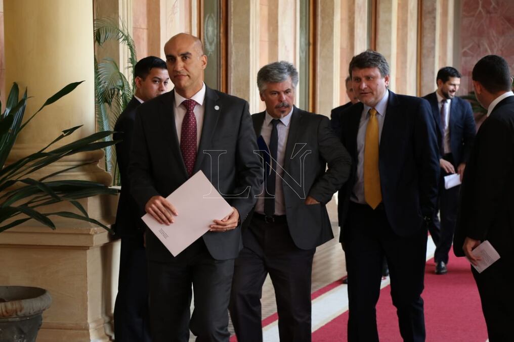 El ministro de salud Julio Mazzoleni estuvo en Palacio de Gobierno, reunido con el presidente Mario Abdo y ministros de la Senad, Senave y el MAG, conversando acerca del borrador del reglamento de la Ley 6007/17. Foto: Christian Meza.