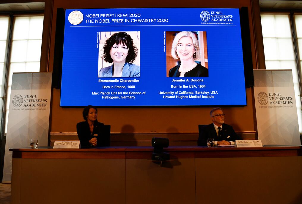 Emmanuelle Charpentier y Jennifer Doudna se alzaron con el premio por sus investigaciones sobre las “tijeras moleculares”, capaces de modificar los genes humanos. Foto: AFP