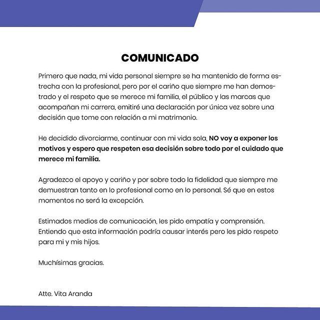 El comunicado que anunció el divorcio de la pareja. Foto: Archivo