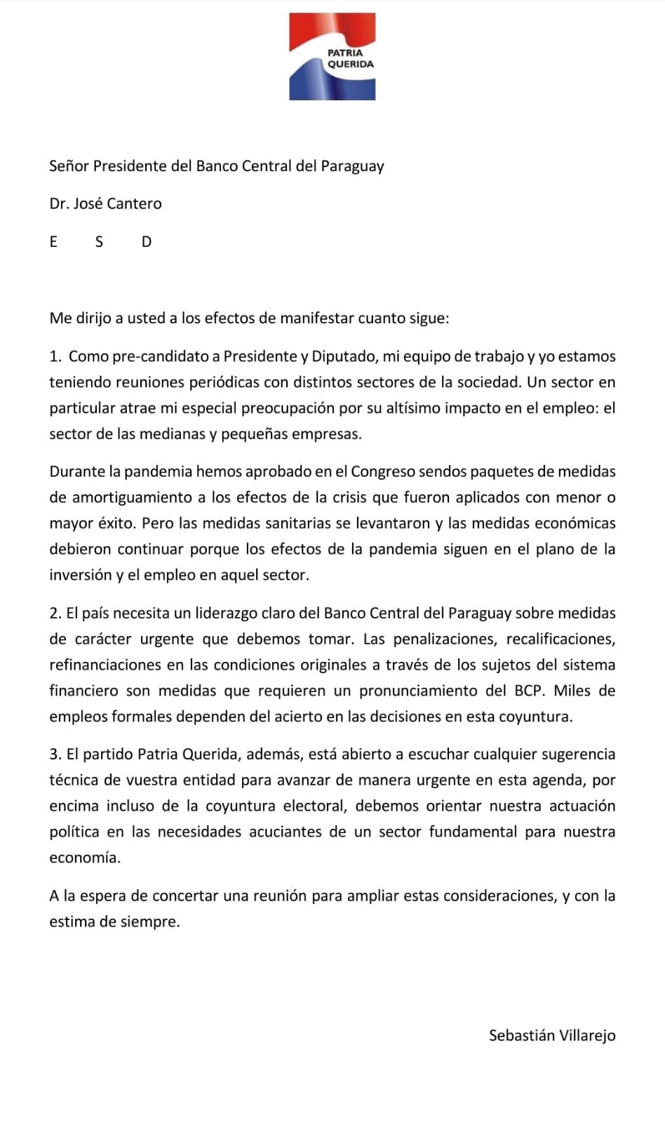 Carta formal de Sebastián Villarejo, presidente del PPQ, a José Cantero, titular del BCP. Foto: Gentileza.