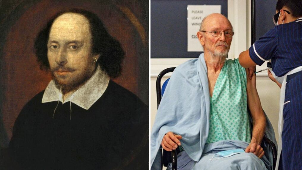 El dramaturgo británico William Shakespeare y el primer hombre del Reino Unido vacunado contra el COVID-19, William "Bill" Shakespeare. Foto: Gentileza.