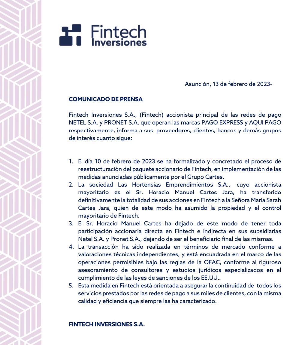 Horacio Cartes ha transferido definitivamente la totalidad de sus acciones en Fintech Inversiones SA a la señora María Sarah Cartes. Foto: Gentileza.