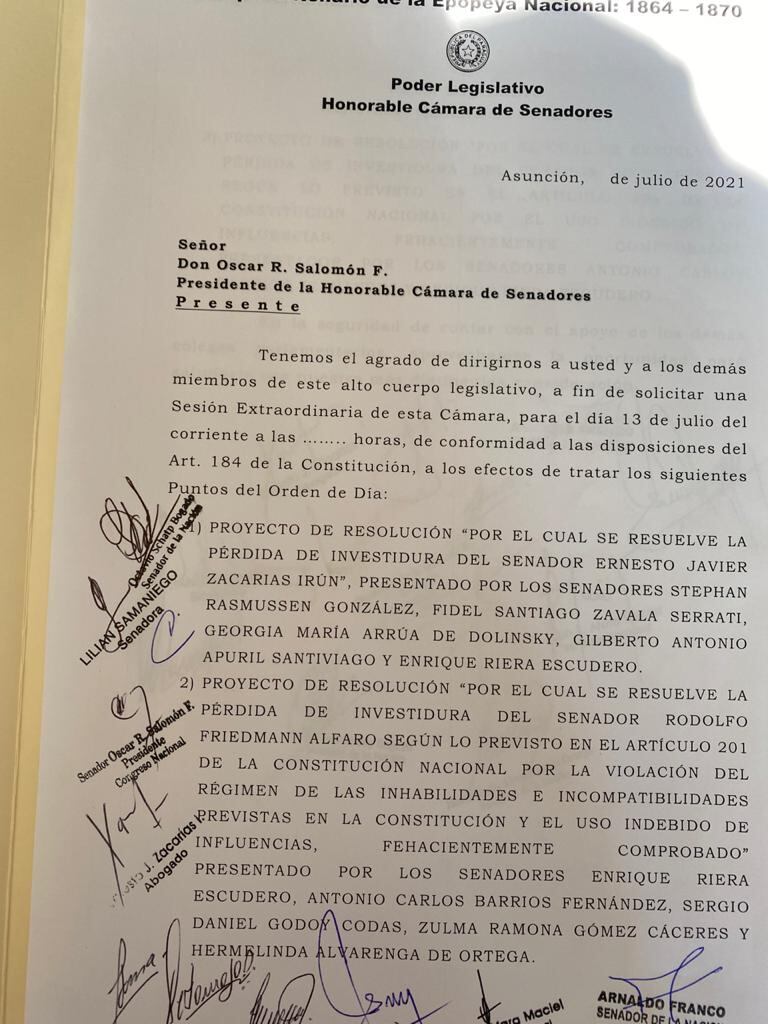 Pedido de sesión extraordinaria para archivar los procesos de pérdida de investidura. Foto: Gentileza.