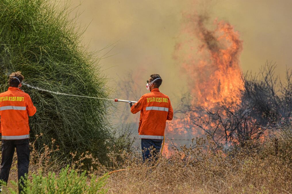 Bomberos israelíes tratan de controlar el fuego producido por los globos incendiarios lanzados desde Gaza. Foto: Gentileza