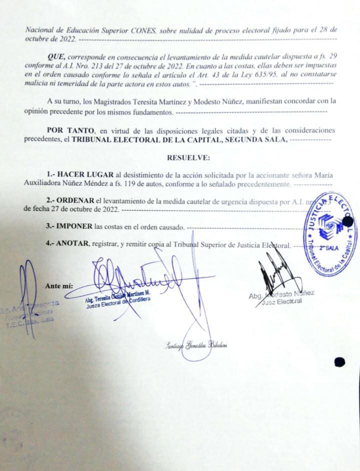 Resolución del TSJE que levanta medida cauteral. Imagen: Gentileza