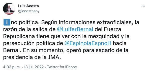 Persecución política en todos los sitios: presumible paso de Luifer Bernal al movimiento Honor Colorado se debe a supuestas persecuciones de Mauricio Espínola en su contra. Foto: Captura de pantalla de un tuit de Luis Acosta.