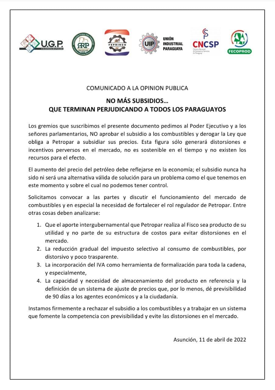En la misiva piden hacer un llamado a todos los sectores afectados para que trabajen en una solución que no distorsione el mercado. Foto: Gentileza. 
