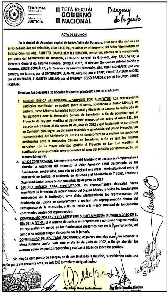 El entonces viceministro de Política Criminal, Daniel Benítez, fue el que asumió el compromiso de hacer lobby en el Congreso para que progrese el proyecto de modificación del clasificador presupuestario y abrir la canilla en Justicia.