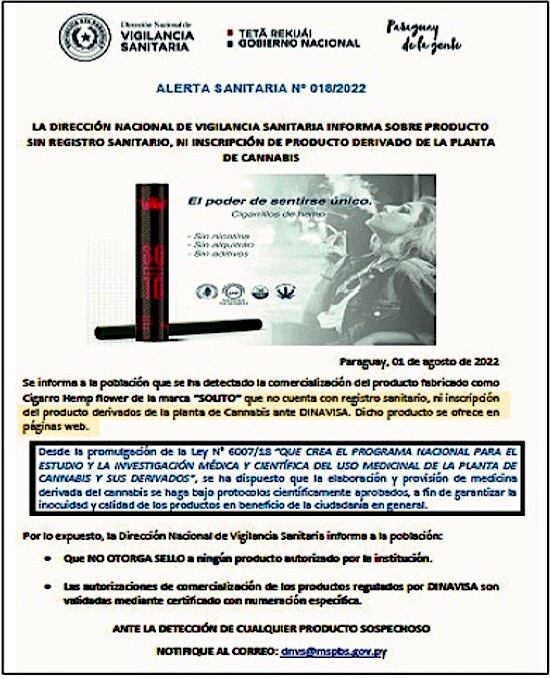 Dinavisa advierte sobre venta irregular de cigarrillos con CBD sin registro sanitario.
