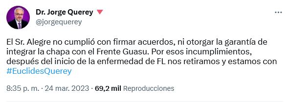 El candidato a vicepresidente de la República rechazó el respaldo de la plataforma liderada por Lugo a favor del candidato de la Concertación. Foto: Captura de pantalla.