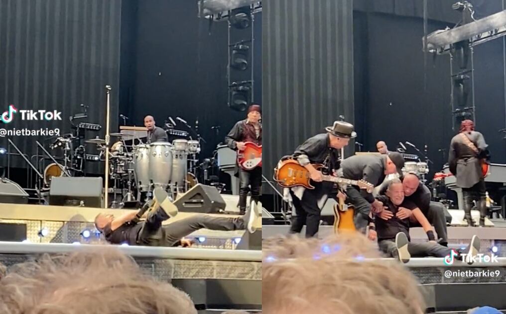 Bruce Springsteen tropezó al subir una escalera y cayó sobre el escenario, causando sorpresa y preocupación entre sus fanáticos presentes en Ámsterdam. Foto: TikTok