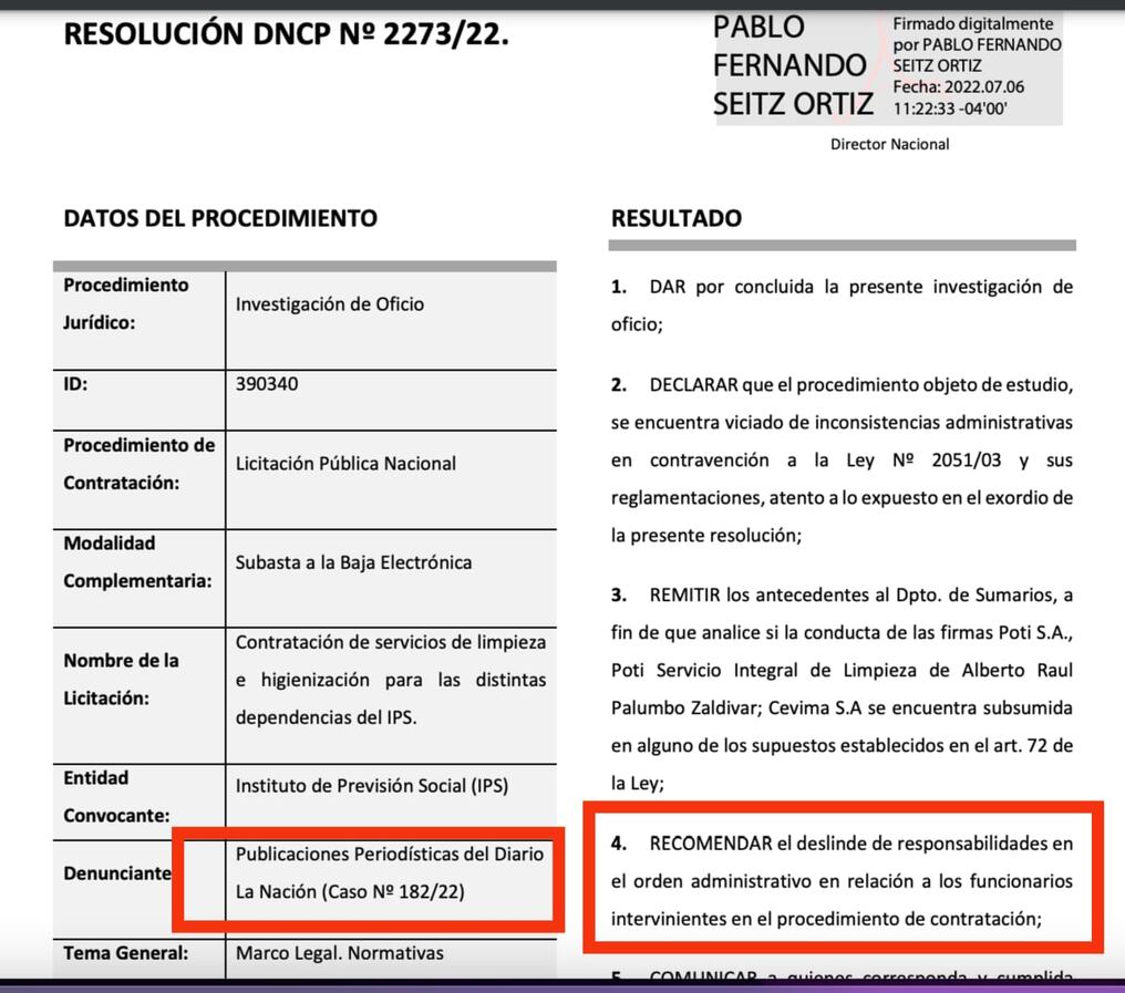 Tras las publicaciones periodísticas de La Nación, la DNCP solicitó a la previsional abrir sumario para deslindar responsabilidades. Foto: Captura de pantalla.